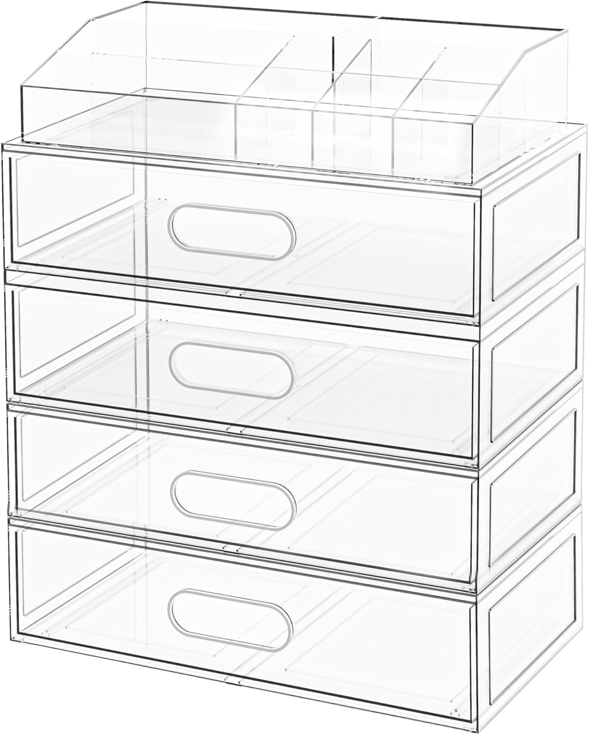 Clear Stackable Makeup Organizer with Drawer, 12''W Acrylic Storage Drawers, Cosmetic Display Case for Vanity Bathroom Countertop, Beauty Holder for Lipstick Brush Skincare Perfume (5 Pack)