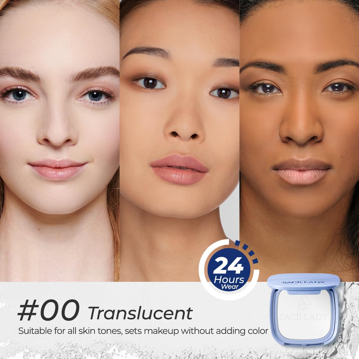 SACE LADY Face Powder Waterproof Setting Makeup, Oil Control Pressed Powder Compact for Women, Blurring Pores Matte Long Lasting Up to 24 Hours, Talc-Free and Cruelty-Free (#00 Translucent, 0.35Oz)