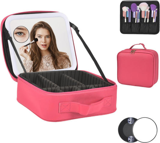 Travel Makeup Bag With LED Mirror,Cosmetic Train Case with 3 Color Setting,Cosmetic Makeup Organizer Bag with Adjustable Dividers,Portable Make up Box with Make up Brushes Holder Storage（Rose）