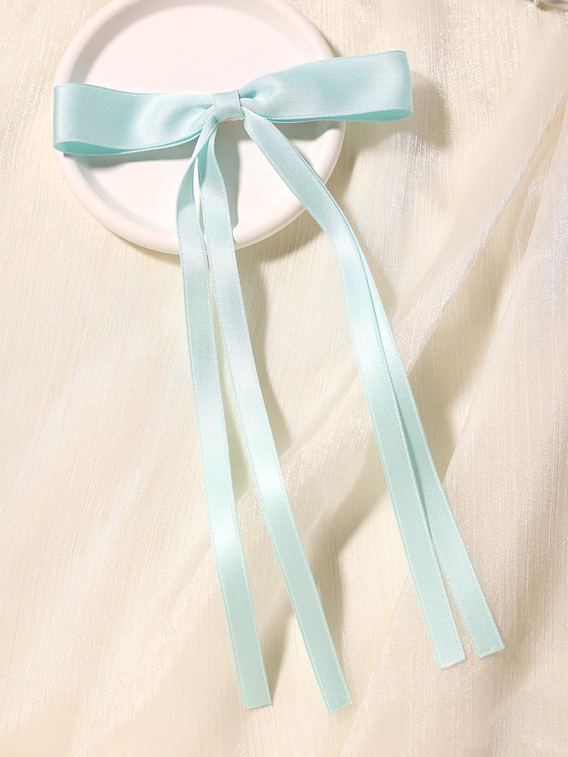 LFOUVRE Hair Clip, 4pcs Bow Hair Clips for Women, Hair Clips with Long Tail Tassel Ribbon, Claw Clips with Bow, Bowknot Barrettes, Hair Accessories for Women Purple Sky Blue