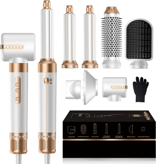 7 in ONE Hair Dryer Brush, Powerful Blow Dryer Brush with Air Curler for Hair, Brush Blow Dryer with Diffuser, Ionic Hot Air Brush Fast Dry, Volumize, Curls, Straight, Hair Styling Tools 100-120V