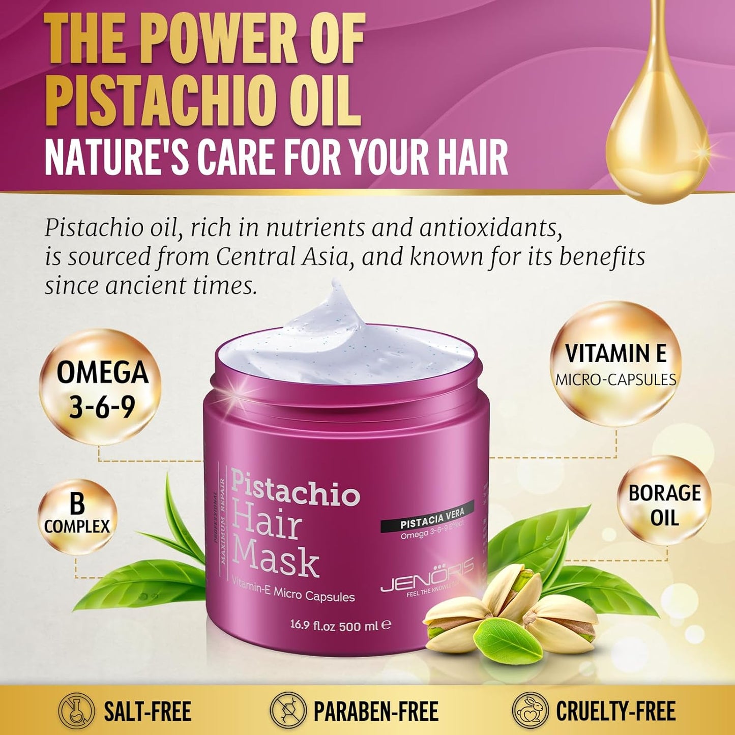 Jenoris Pistachio Hair Mask for Dry Damaged Hair – Deep Conditioning Hair Mask Treatment with Pistachio Oil & Vitamin E, For Color-Treated Hair, For Hair Repair, Paraben & Salt Free, 16.9 Fl Oz