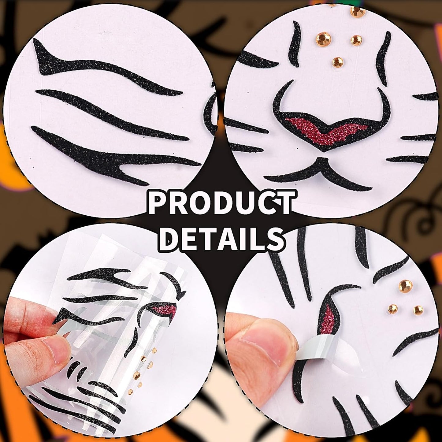 Face Stickers Gems Halloween Temporary Tattoo Sticker Animals Face Sticker Decal Body Face Self-adhesive Sticker Stage Makeup Party Cosplay Decoration 2pcs (tiger)
