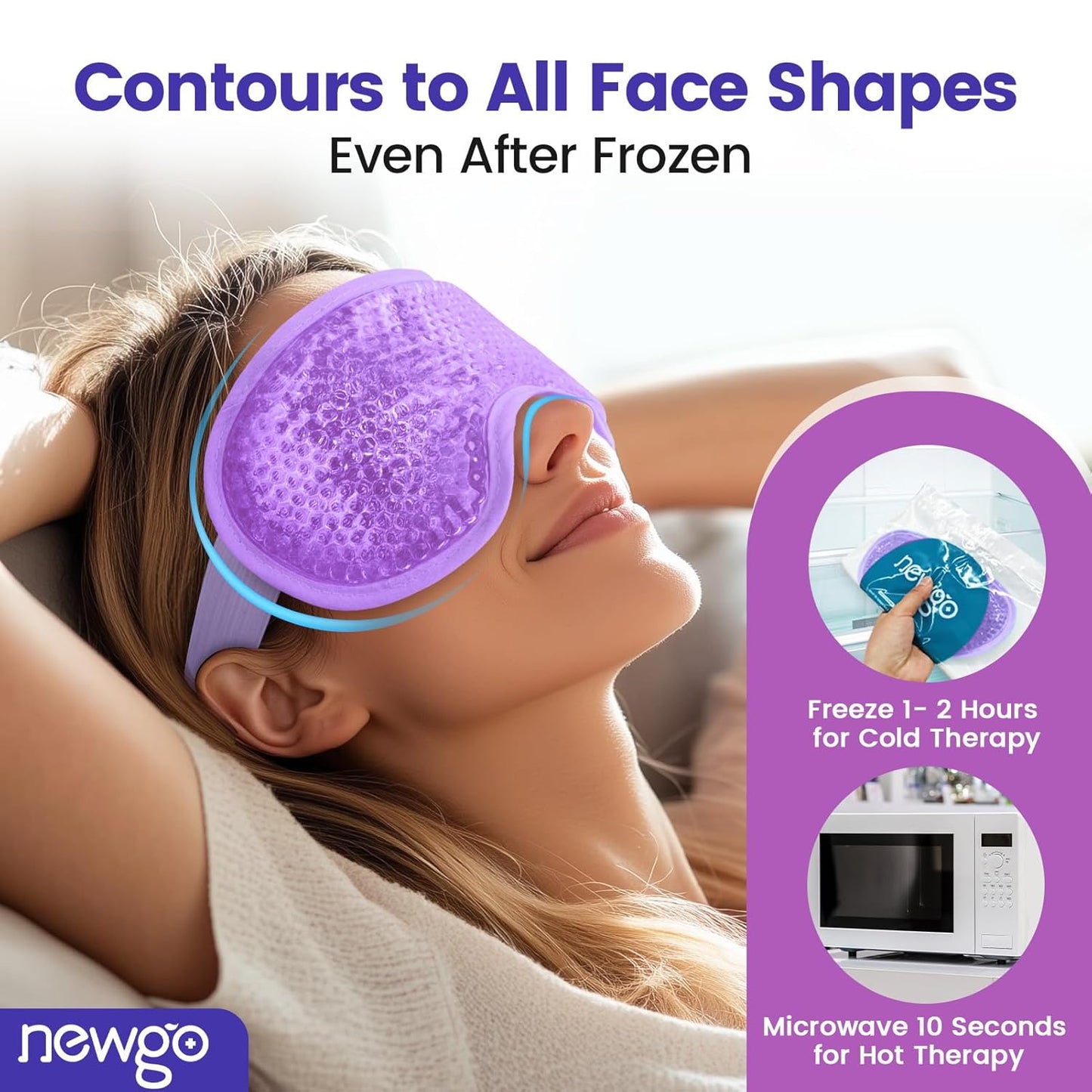 NEWGO Cooling Gel Eye Mask - Reusable Cold Pack for Puffy Eyes, Dark Circles, Migraine, Stress Relief - Purple With Soft Plush Backing