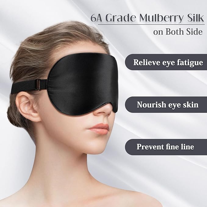LULUSILK Silk Sleep Mask and Silk Sleep Cap Set, BlackLULUSILK Silk Eye Sleep Mask and Silk Hair Bonnet Set Silk Eye Mask and Silk Bonnet Scrunchie Set