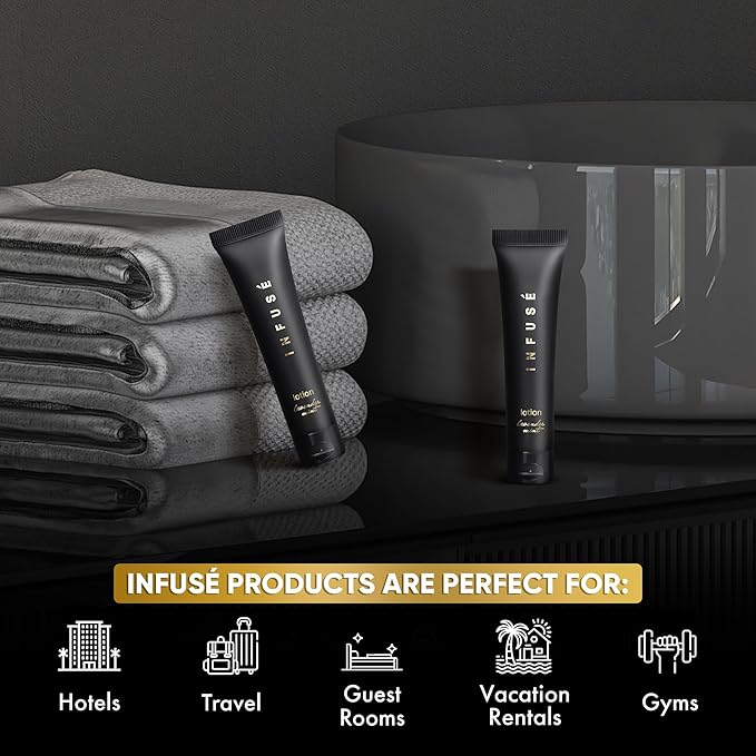 Infuse Black Hotel Toiletries Bulk | 1 oz Lotion Travel Size | For Hotels, Vacation Rentals, Gym, Luxury, Airport | Case of 100