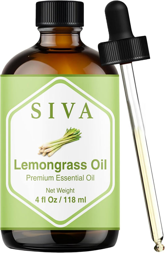 Siva Lemongrass Essential Oil - 4 Fl Oz – 100% Natural Lemongrass Oil - for Diffuser, Face, Skin Care, Aromatherapy, Hair Care, Scalp and Body Massage - with Dropper