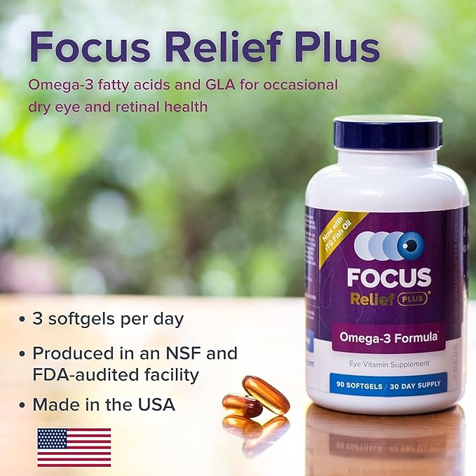 Focus Relief Plus Dry Eye Formula (180 ct. 60 Day Supply) Omega 3 Supplement - Dry Eye Relief Supplement - Omega 3 Fish Oil