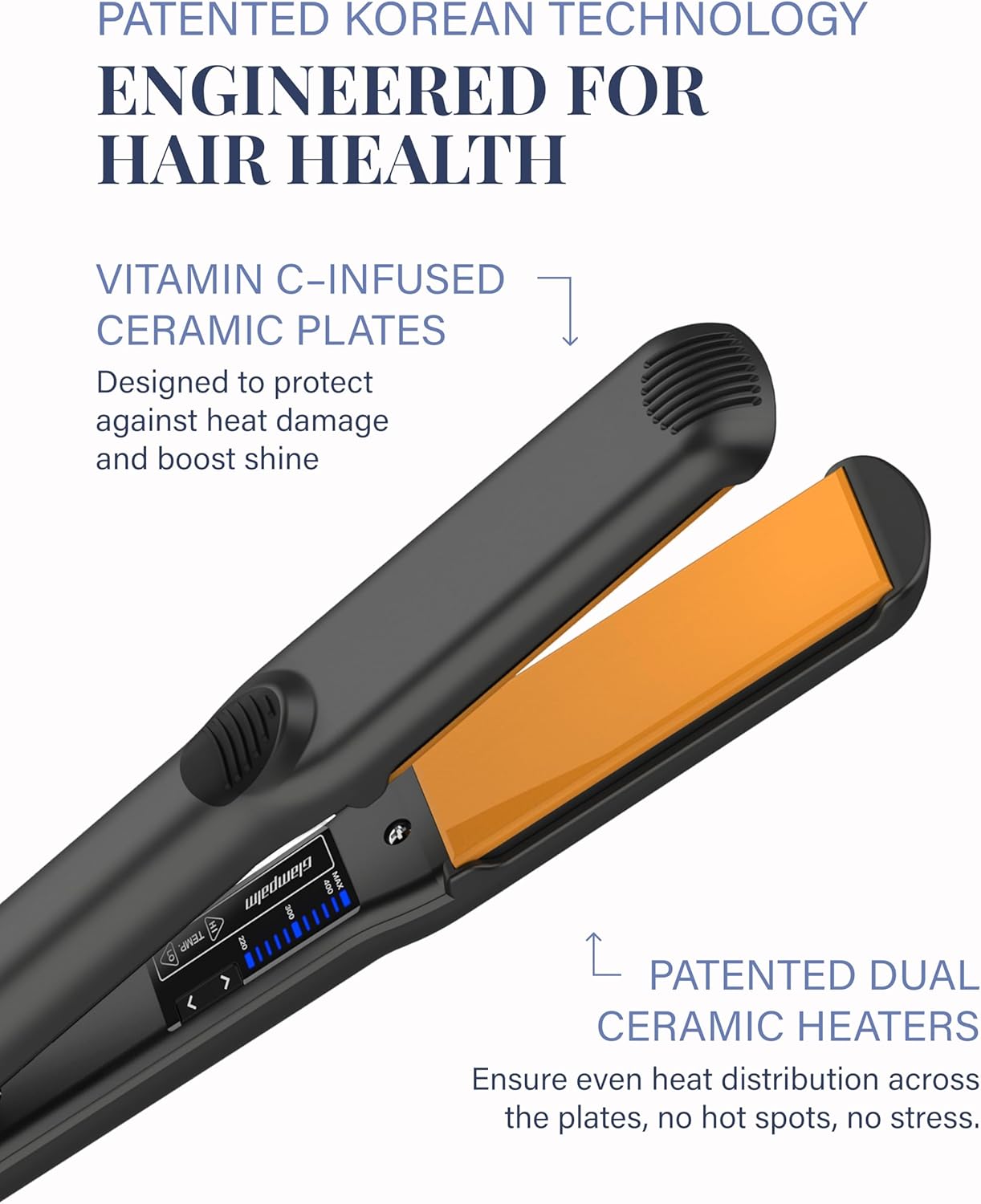 GLAMPALM Hair Straightener 1.25" Wide Ceramic Flat Iron Infused with Vita C, Korea's No.1 Professional Salon Tool for Long Hair, Dual Voltage, 11 Heat Settings(220°–450°), 20s Fast Heat-Up (GP313)