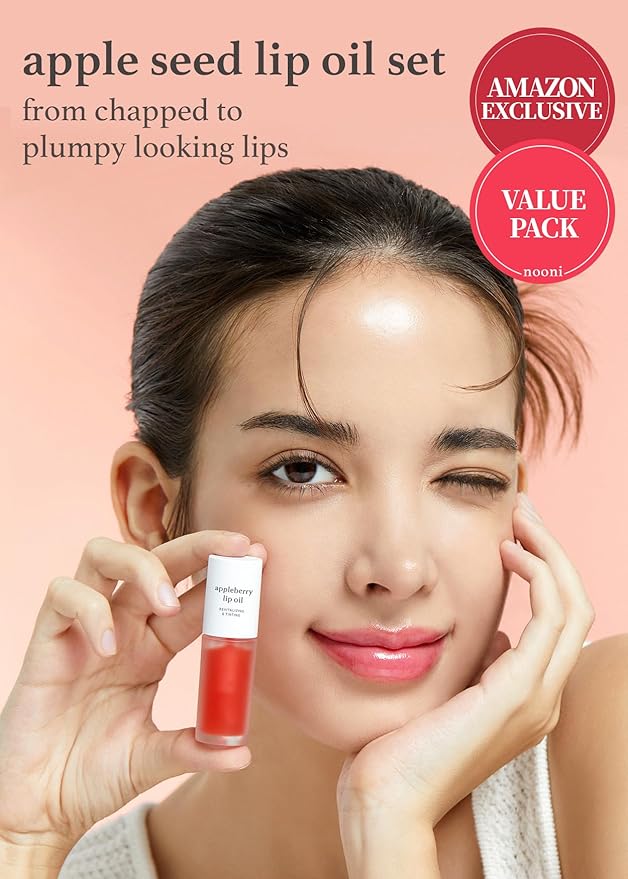 NOONI Korean Vegan Appleseed Lip Oil Set - Applecherry & Appleplum + Korean Cleansing Oil - Snow Aqua 0 LHA Toning Pore Care Korean Facial Oil Cleanser, 6.76 fl.oz Bundle