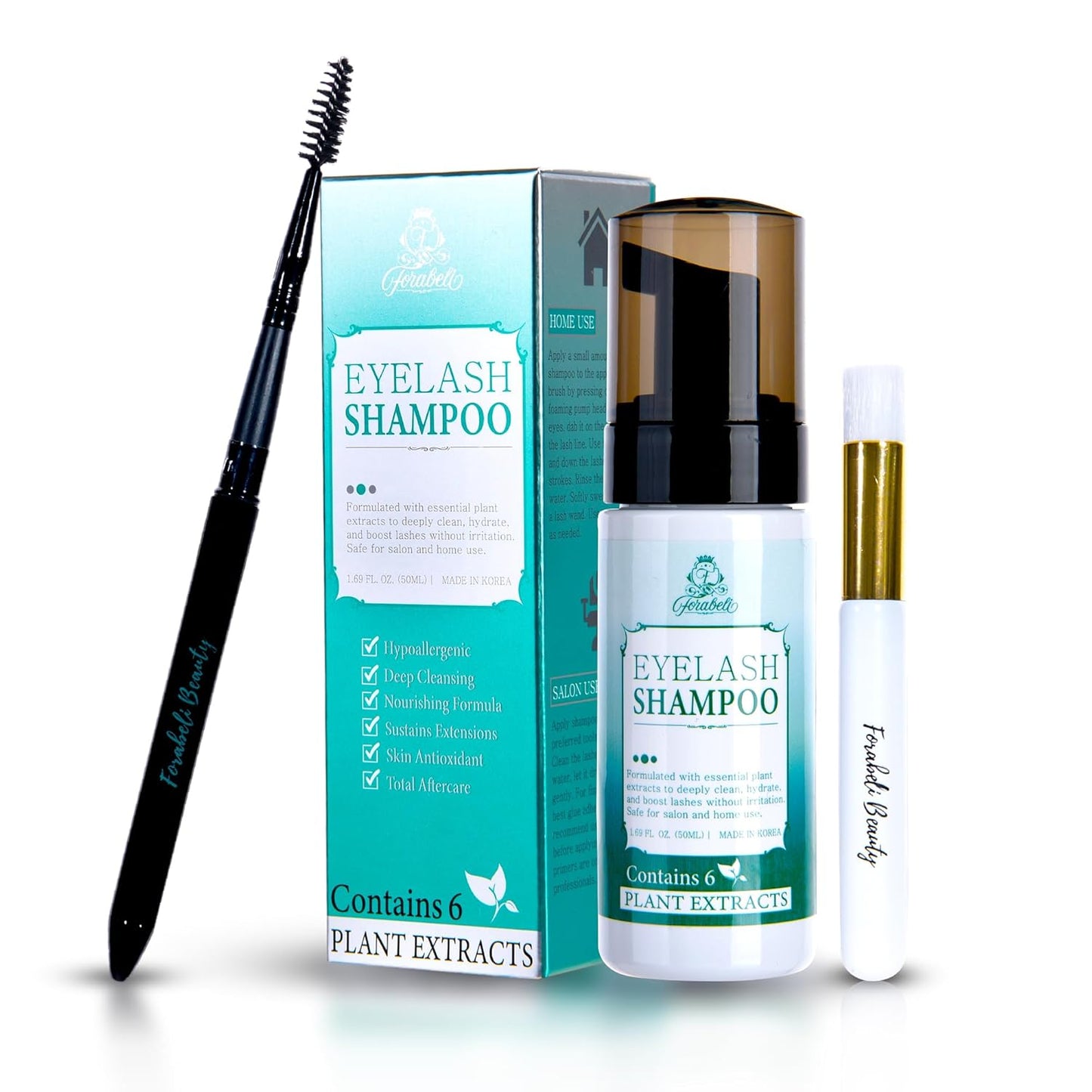 Forabeli Lash Shampoo 50ml with Brush and Wand - Eyelash Extension Cleanser, Eyelid Foaming Wash, Gentle Foam, Remove Oils and Makeup