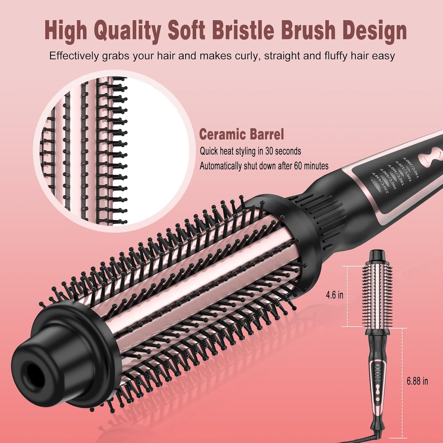 Thermal Brush, Heated Round Brush & Curling Iron with Ceramic Ionic Technology, Hair Tools for Volumizing & Styling, Travel-Friendly Hot Comb with Adjustable Temperature（Rose Gold 1.5 inch）