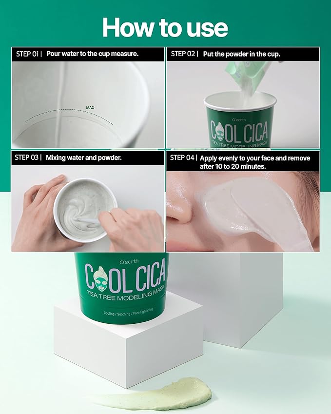 O’earth Cool Cica Tea Tree Modeling Mask- Rapid Cooling & Pore Tightening Korean DIY Home Spa Mask - Easy to Use - Hydrating & Deep Pore Cleansing, Pack of 3, 1.01oz.