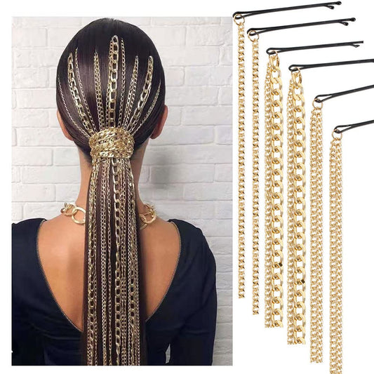 6PCS Dreadlocks Metal Tassel Ponytail Multi-Strand Hair Chain Prom Party Concave styling hair accessories hair extension chain with clip for girls and women(gold)