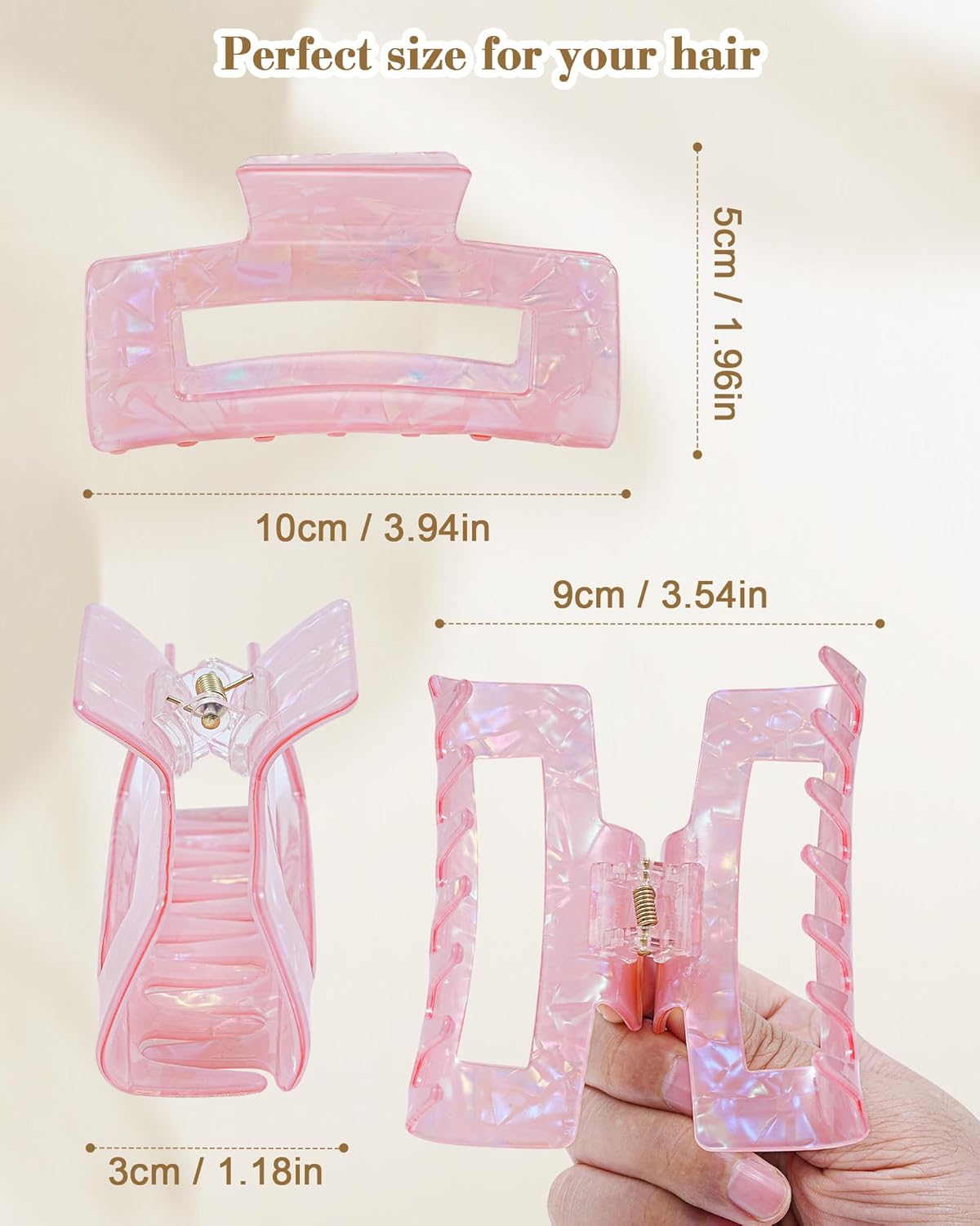 HOKEMP 2 Pack Acrylic Hair Claw Clips for Women, 3.93 Inch Large Non-Slip Strong Hold Rectangle HairClip for Thin Thick Hair (Color 3)