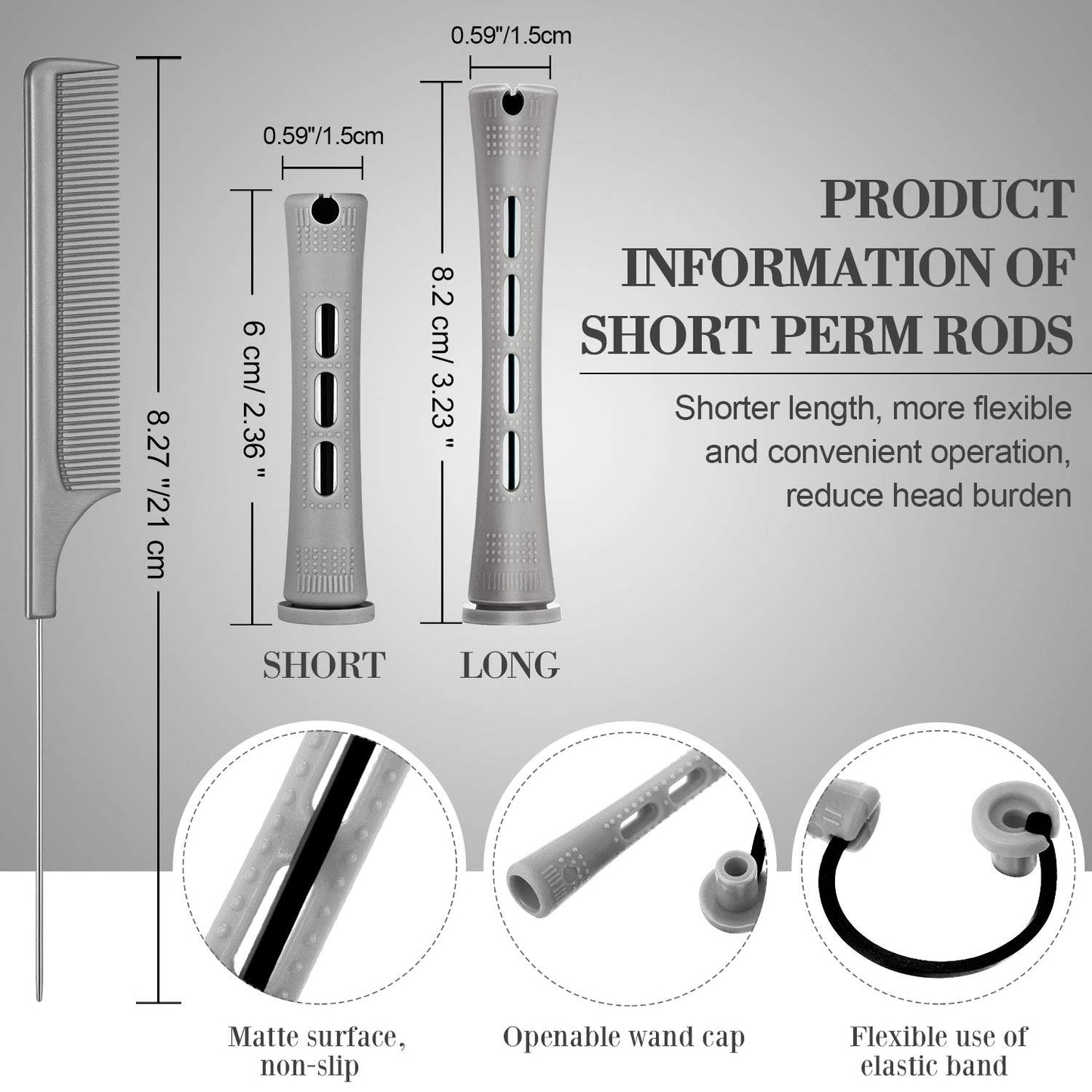 48 Pieces Hair Perm Rods Short Cold Wave Rods Plastic Perming Irons Hair Curling Rollers Curlers with Steel Pintail Comb Rat Tail Comb for Hairdressing Styling Supplies(0.59 Inch,Gray)