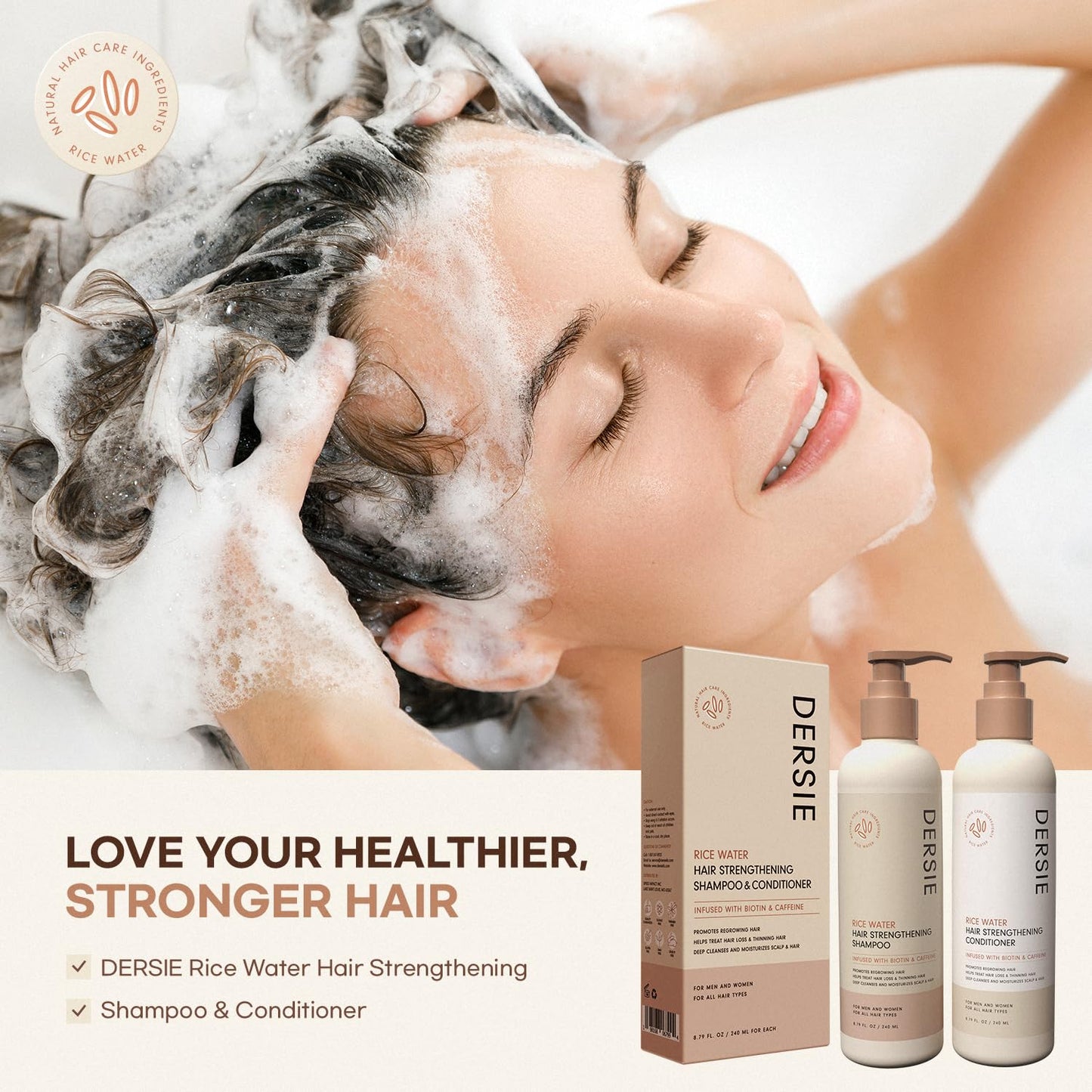 Rice Water Hair Growth Shampoo & Conditioner: Biotin & Caffeine Infused for Thinning Hair - Women & Men
