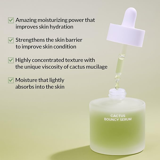 Whamisa Organic Cactus Bouncy Serum, 48 hrs Inner Skin Moisture, 72 hrs Hydrating and Moisturizing, Postbiotics, Facial Ampoule (52ml)