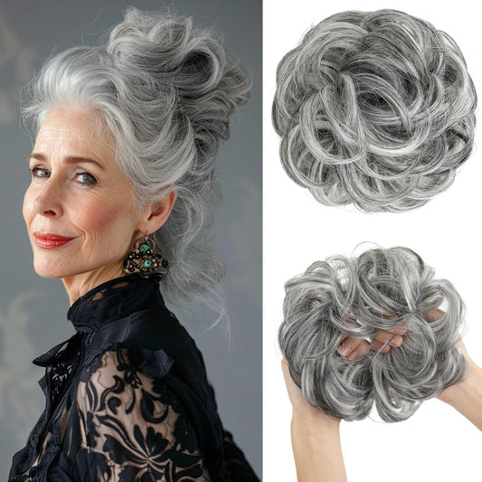 CJL HAIR Large Messy Bun Hair Piece Wavy Curly Scrunchies Synthetic Chignon Ponytail Hair Extensions Thick Updo Hairpieces for Women Dark Grey