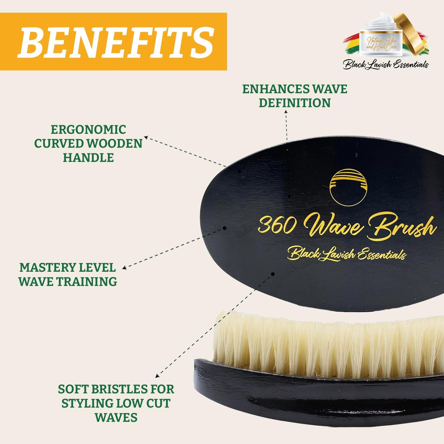360 Wave Brush, Build Deeper Waves, Soft & Hard Boar Bristle Curved Brushes (Soft Brush, Black)