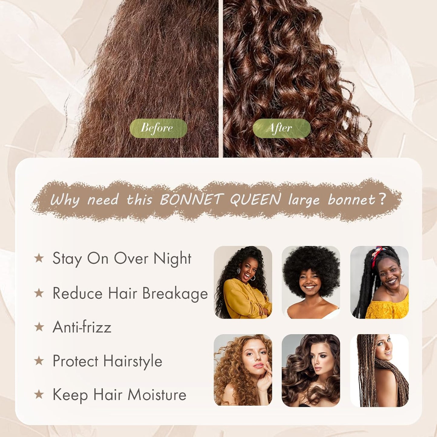 BONNET QUEEN Satin Bonnet Cool Breathable Single Layer Silk Bonnet for Sleeping Women Hair Bonnet Night Sleep Cap Scarf Wrap for Curly Hair with Tie Band Champagne