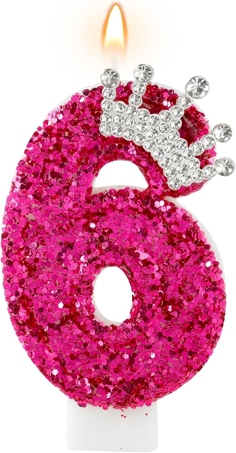 Hot Pink Birthday Candles Crown Number 6 Candle 6th Birthday Party Decorations Cake Topper Cupcake Decor for Anniversary Celebrations Supplies