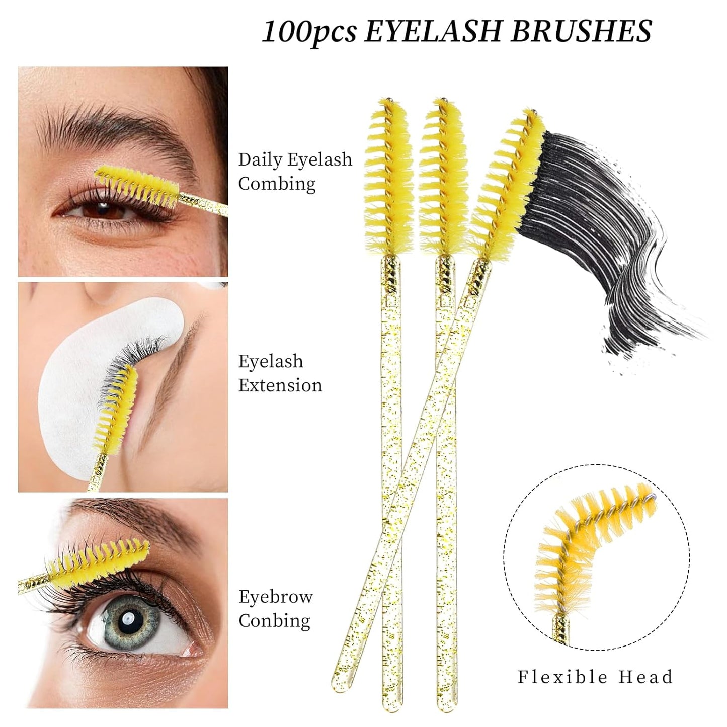 300 Pack Disposable Spoolies Brushes Sets Mascara Wand Lip Brushes Bamboo pole-shaped Handle Cotton Swab for Eyebrow Eyelash Extension Tattoo Lipstick Applicator(Yellow)