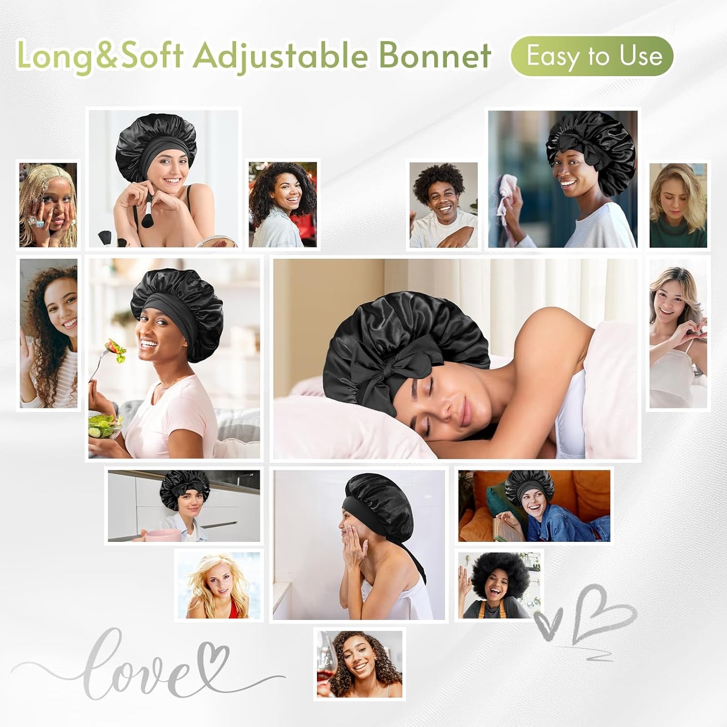 BONNET QUEEN Silk Bonnet for Sleeping Women Satin Bonnet Night Sleep Cap Wrap for Curly Hair with Adjustable Tie Band, Single Layer, Small, Black