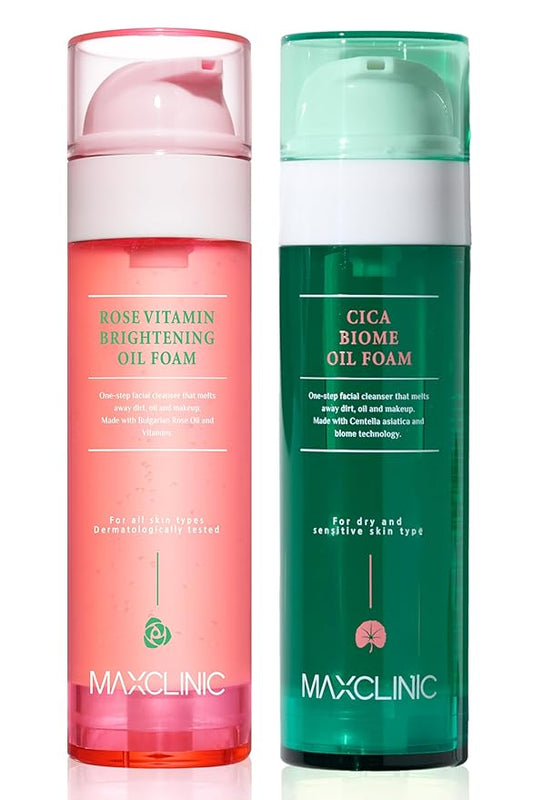 K-Beauty Rose Vitamin + Cica Biome Foam Gift Set | Daily Face Wash - Oil Based Cleanser to Foam | Korean Skin Care for Dry Sensitive Skin | Face Cleanser Bundle