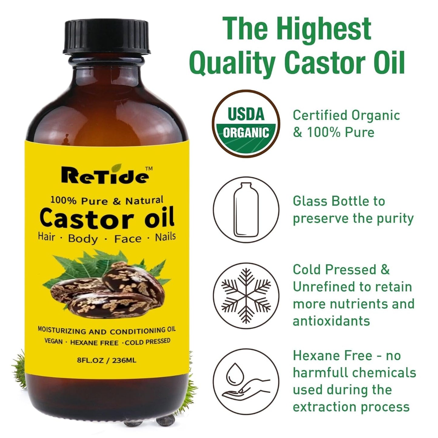 Pure Organic Cold Pressed Castor Oil, Natural Hair, Skin, Nails Treatment, Hexane Free, Amber Glass Bottle, 8 Fl Oz