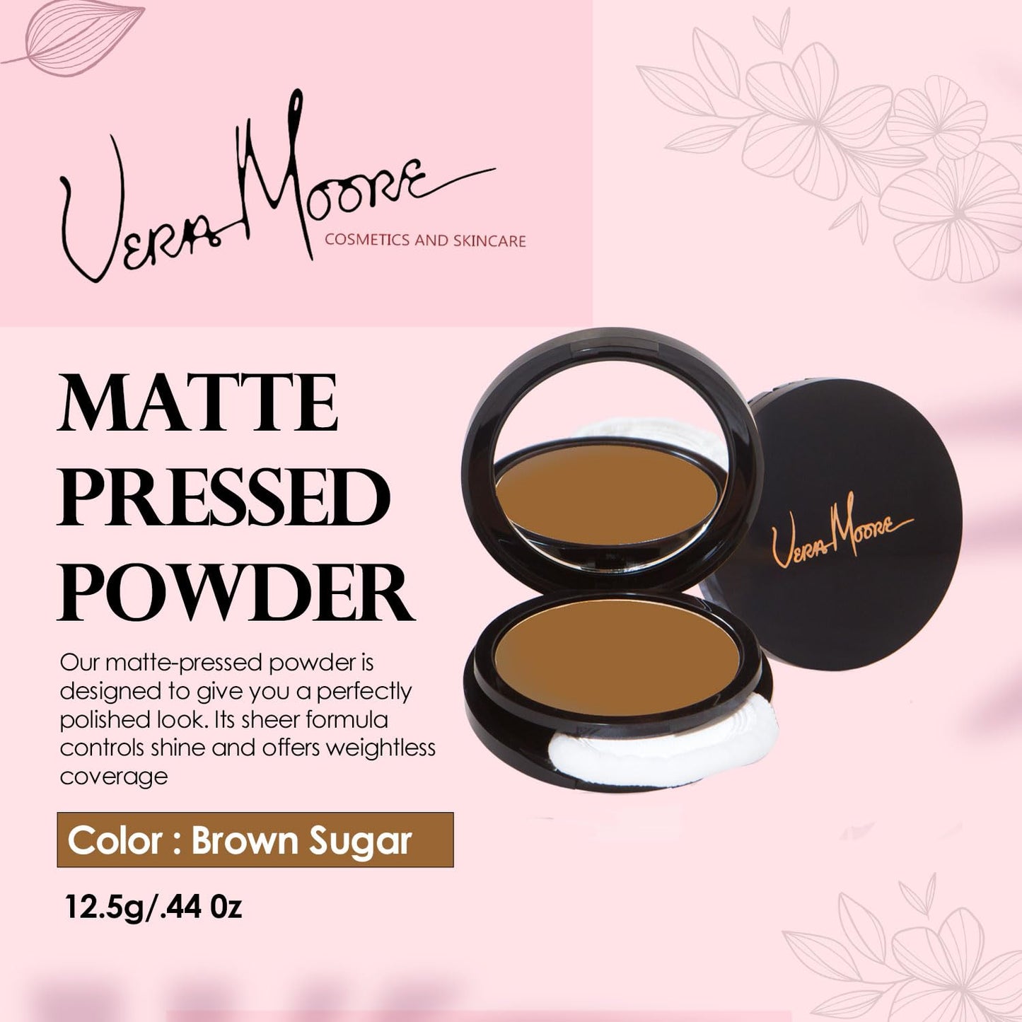 Vera Moore Matte Pressed Powder, Makeup Setting Compact Powder, Face Powder for Full Coverage with Flawless Finish, Shine, Matte Finish for All Skin Types (Brown Sugar, 12.5g)