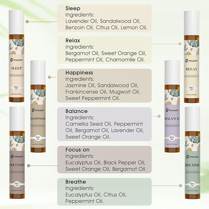 Essential Oils Roll On Set 6 Pack - (Relax, Sleep, Balance,Breathe, Focus on, Happiness) Aromatherapy Oil with Roller Ball, Essential Oils Blends for Skin - Relaxation Gift for Women and Men