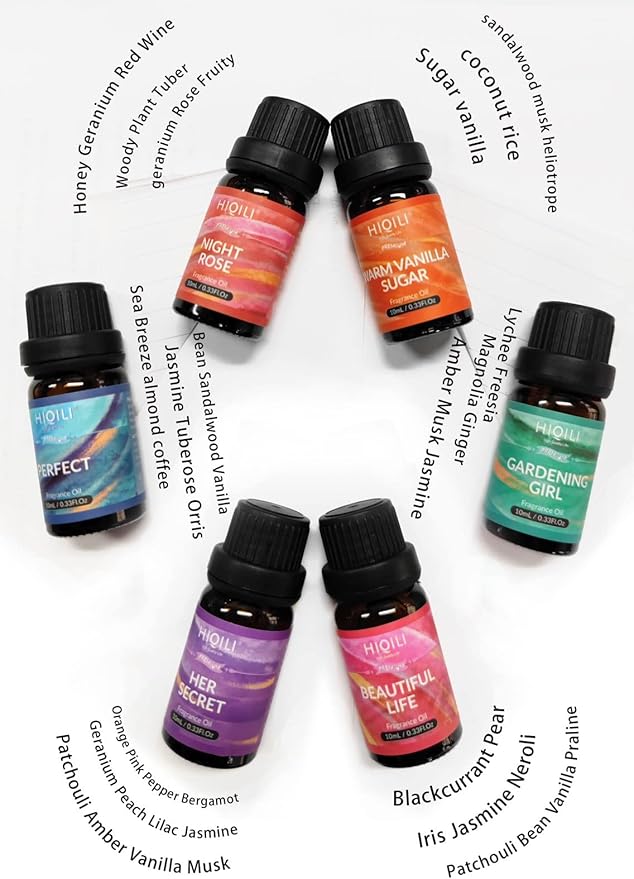 HIQILI Women Fragrance Oil 6x10ml, Essential Oils for Candle Scents Soap Making & Diffuser, Sweet Flowers Scented Oil Set for Aromatherapy Slime Wax Home Car