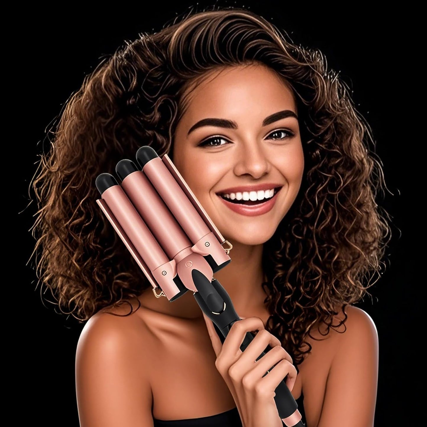 3 Barrel Curling Iron, 1 Inch Ceramic Tourmaline Hair Waver Wand with LCD Temperature Display, Fast Heating Foldable Crimpers for Travel Glove Included (Gold)