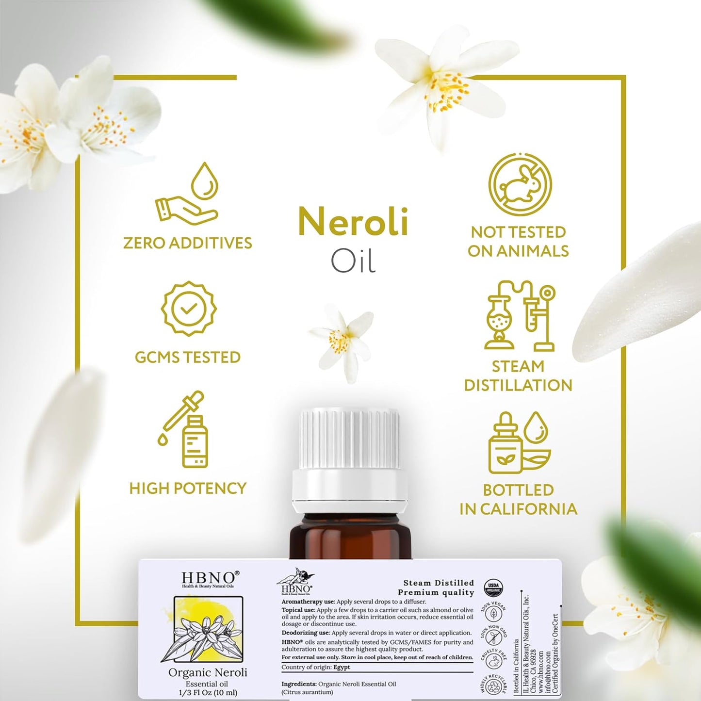 HBNO Organic Neroli Essential Oil- 1/3 oz (10ml) Size - Ideal for Diffusers, Cleaning Agents, Skincare, and Haircare.