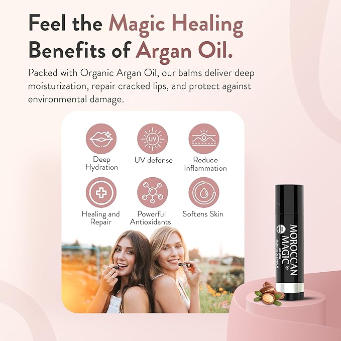 Moroccan Magic Organic Rose Lip Balm 3 Pack | Chapsticks for Dry Lips | Natural Argan & Essential Oils Lip Moisturizer + Vitamin E | Smooth, Hydrating, Non-Toxic | Organic Lip Balm Set