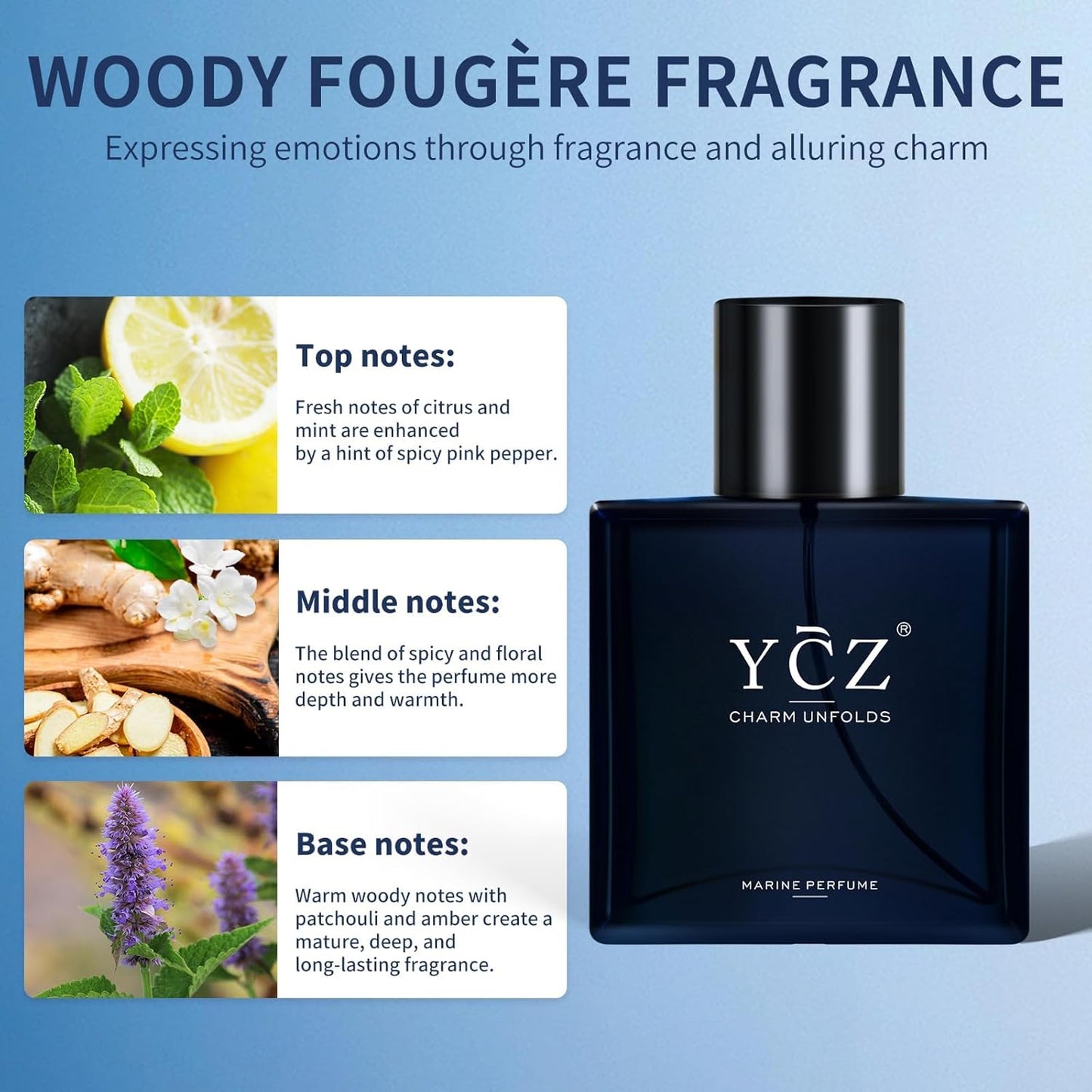 Ycz Charm Unfolds Marine Perfume for Men, 1.7 oz. Long Lasting Eau De Parfum Cologne For Men, Oriental Woody Fragrance - Ideal Special Occasions, Making it the Ideal gentlemen’s Gift (2-Pack).