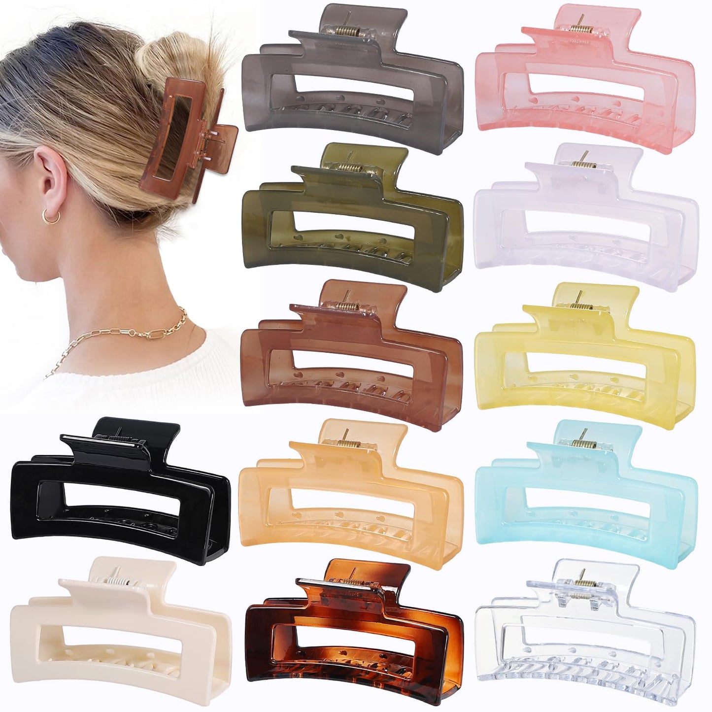 12 Pack Medium Square Claw Hair Clips, 3.5 x 2 x 1.1 inch, Shiny, 12 Colors, Hair Accessories for Women and Girls, Rectangular Rectangle Jaw Clips for Thick and Thin Hair Securing, 12 Pieces