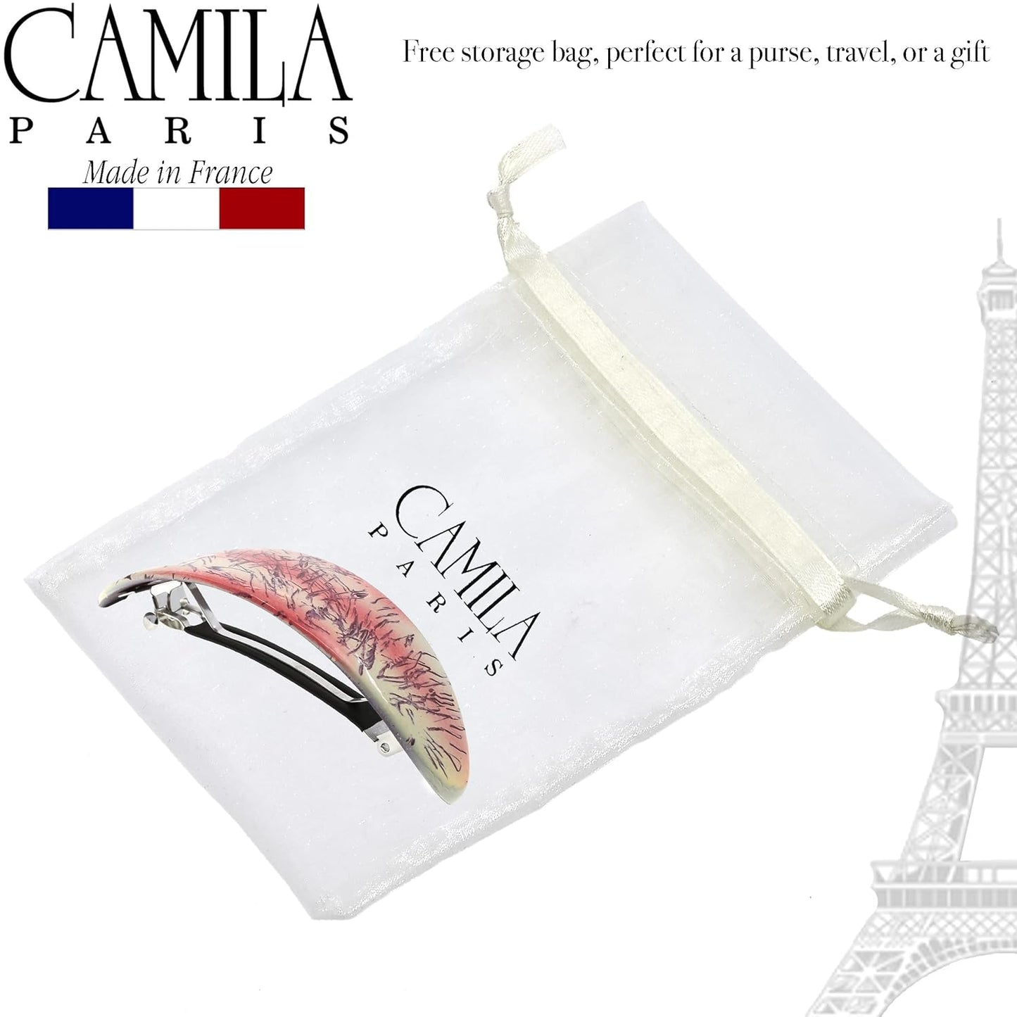 Camila Paris CP3324 French Hair Barrette Oval For Thick Curly Wavy Long Hair, Strong Hold Grip Hair Clips for Women, No Slip Rubberized Metal Clasp, Styling Girls Hair Accessories, Made in France