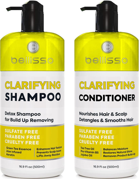 Clarifying Shampoo and Conditioner Set - Sulfate Free Hair Care Products for Women and Men - Build Up Remover for Curly, Straight, Color Treated, Oily and Black Hair - Hydrating Dry Split Ends Formula