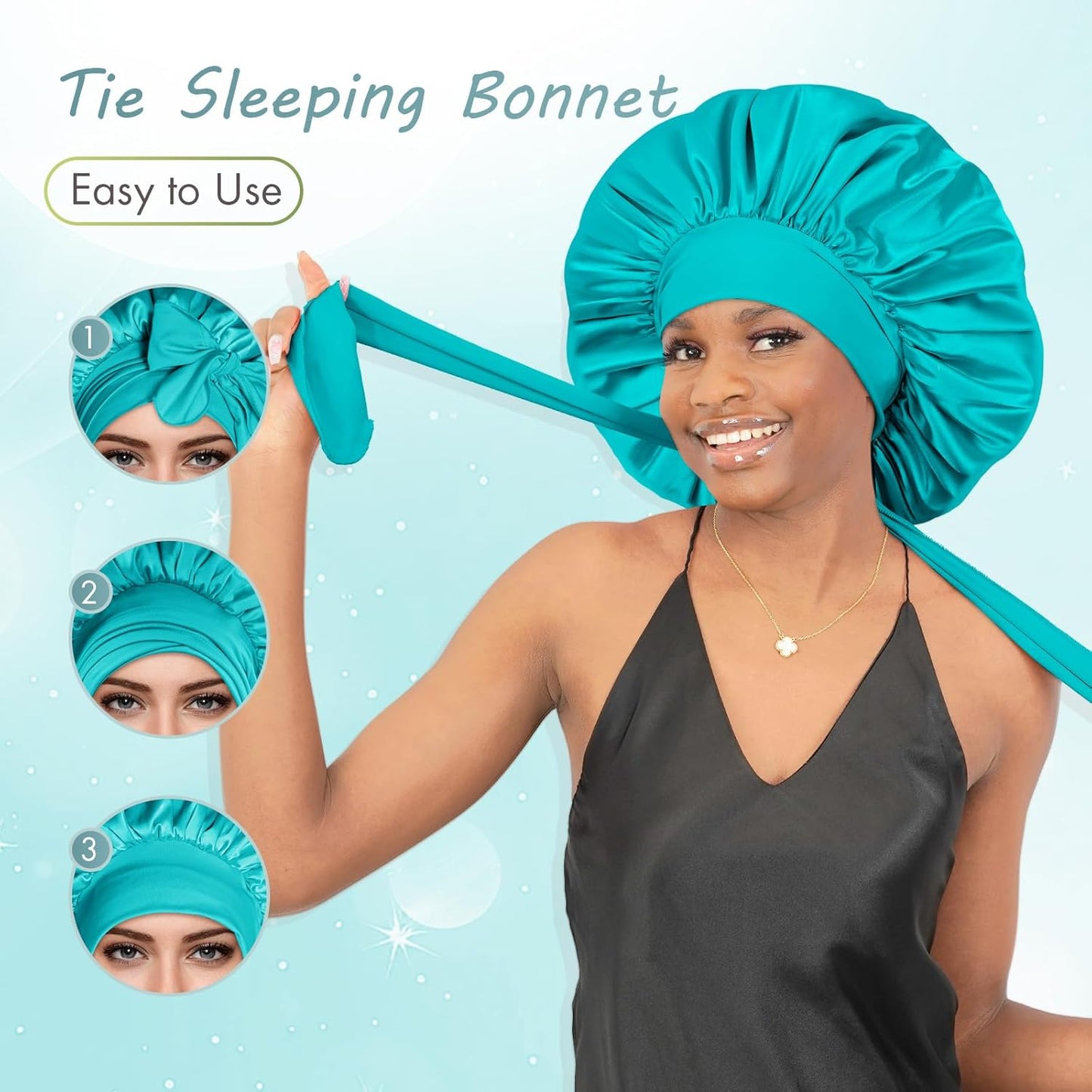 BONNET QUEEN Silk Bonnet for Sleeping Women Big Satin Bonnet Night Sleep Cap Wrap for Curly Hair with Adjustable Tie Band, Single Layer, Large, Aqua Blue