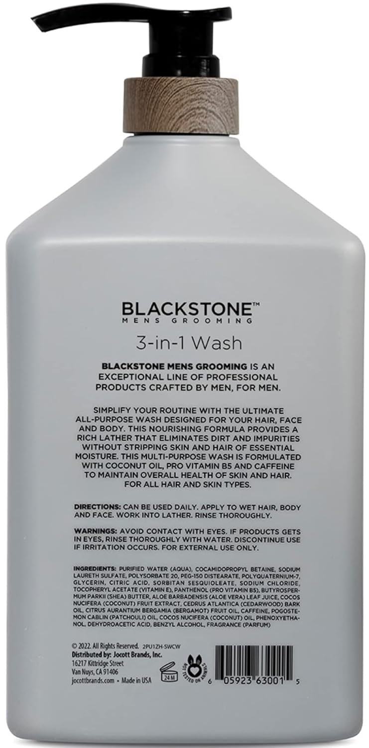 Blackstone 3-in-1 Wash for Men | Cleanse & Condition Hair, Body, & Face | All Skin & Hair Types | Coconut Oil & Vitamin B5 - Sandalwood (32 ounces)
