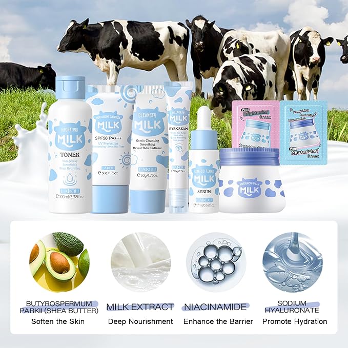 Milk Skincare Kit, Skin Care Kit Hydrating Skin, Facial Skin Care Routine Kit for Women/Girls, Face Skin Care Set Improves Rough Skin & Shrinks Pores Travel Size Facial Kit Gift Set for Women 8-Pack