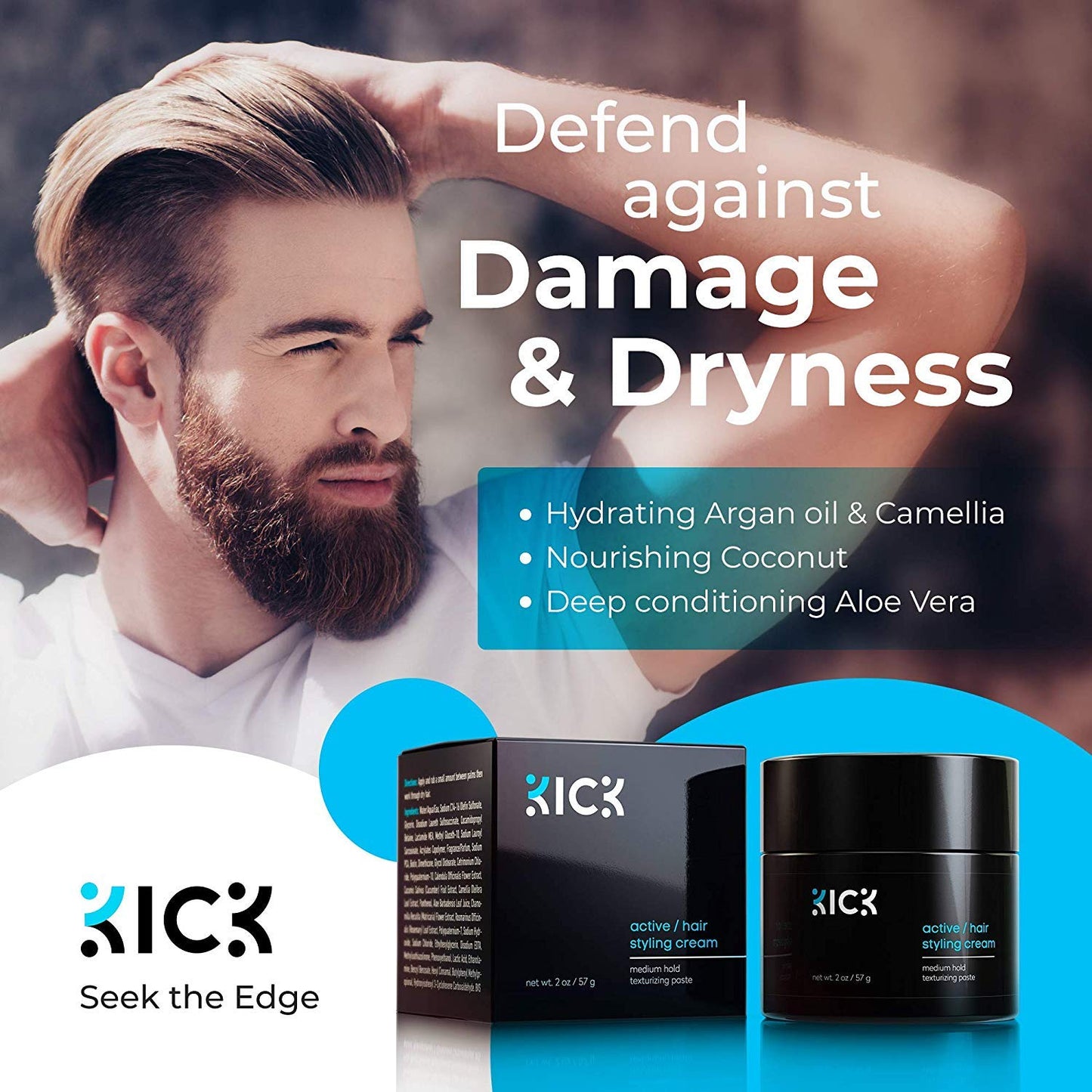 Kick Men's Medium Hold Hair Cream - Non Greasy, Thickening, Damage Control, Anti-Greying, Hydrating - 2 Oz