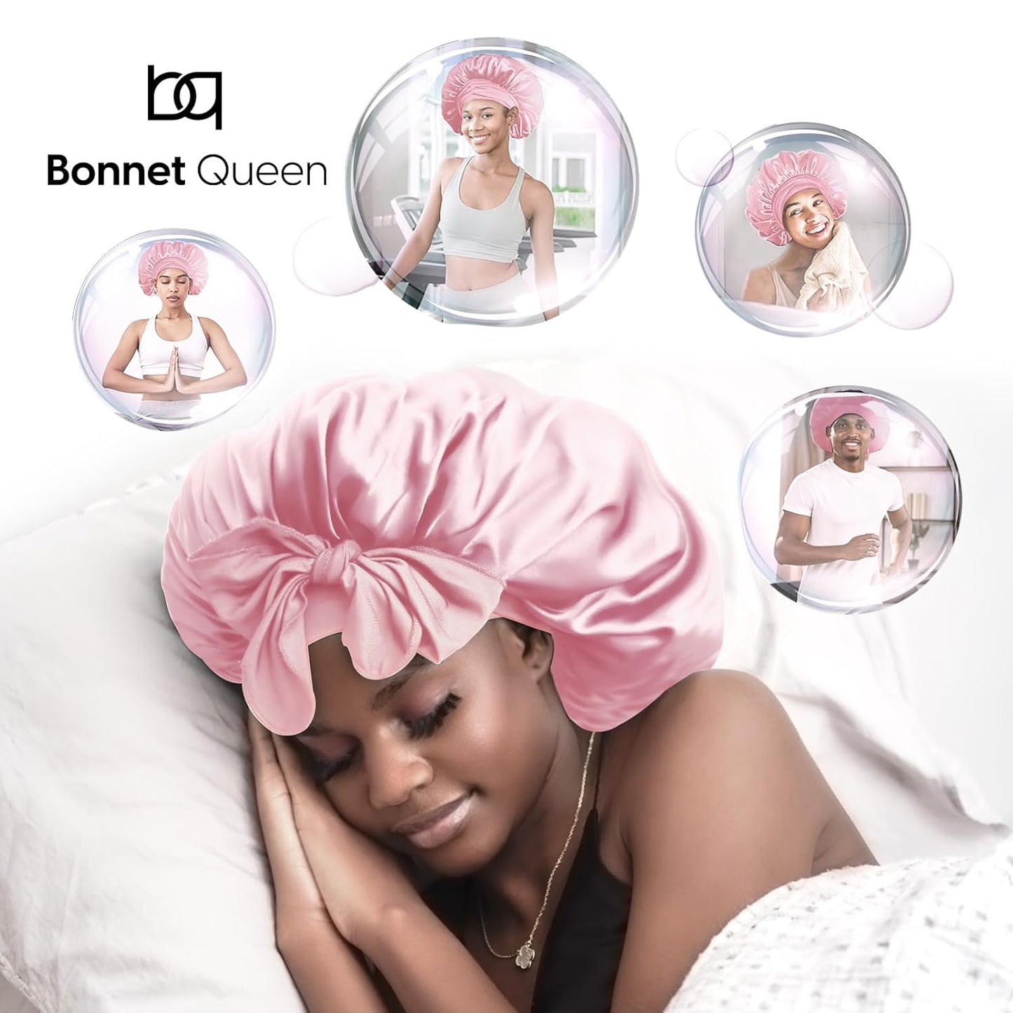BONNET QUEEN Silk Bonnet for Sleeping Women Big Satin Bonnet Night Sleep Cap Wrap for Curly Hai rwith Adjustable Tie Band, Single Layer, Large, Pink