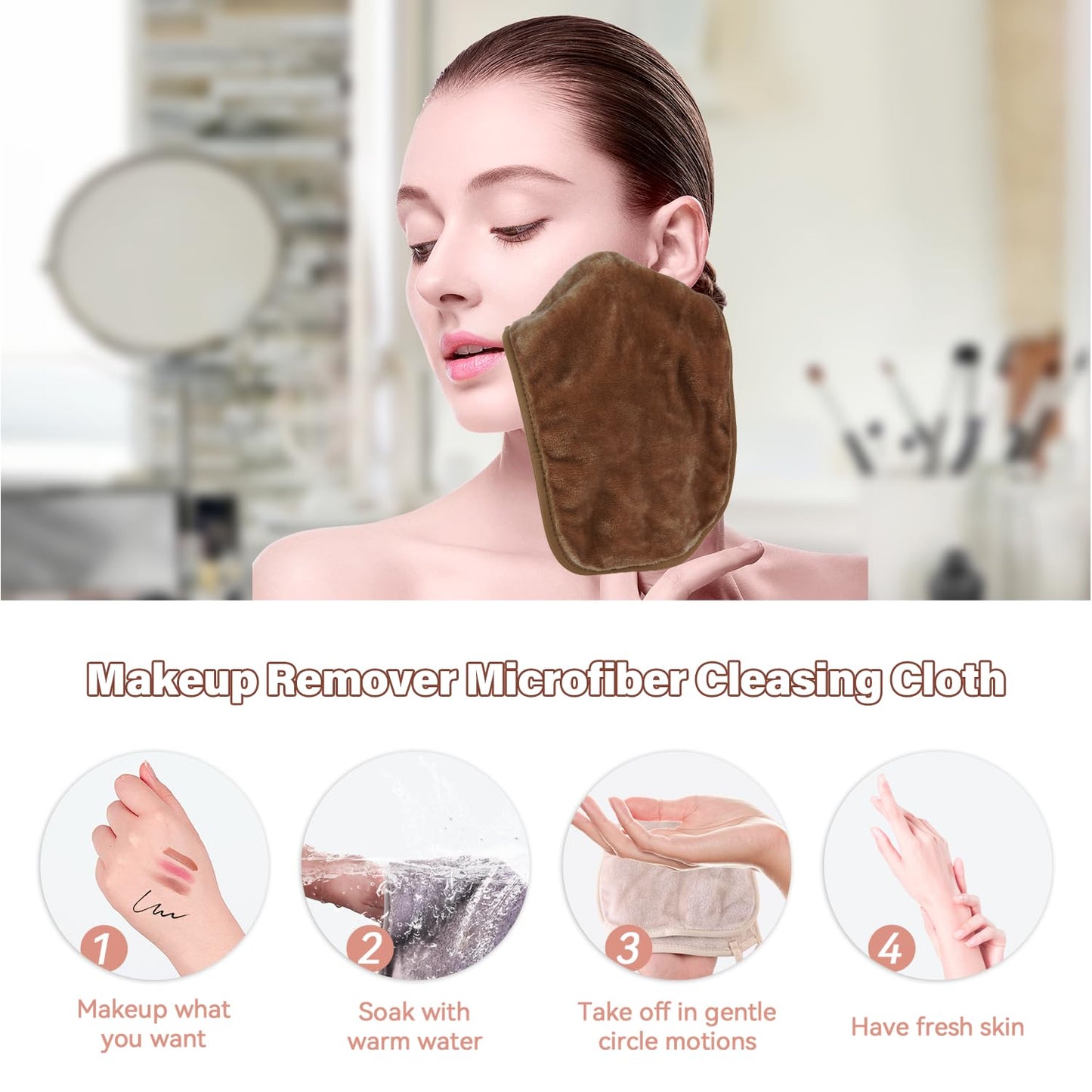 Nugilla Makeup Remover Cloths, 8 Packs Makeup Remover Towels Reusable Face Wash Cloth, Soft Makeup Remover Microfiber Face Cloth for Women(Brown)