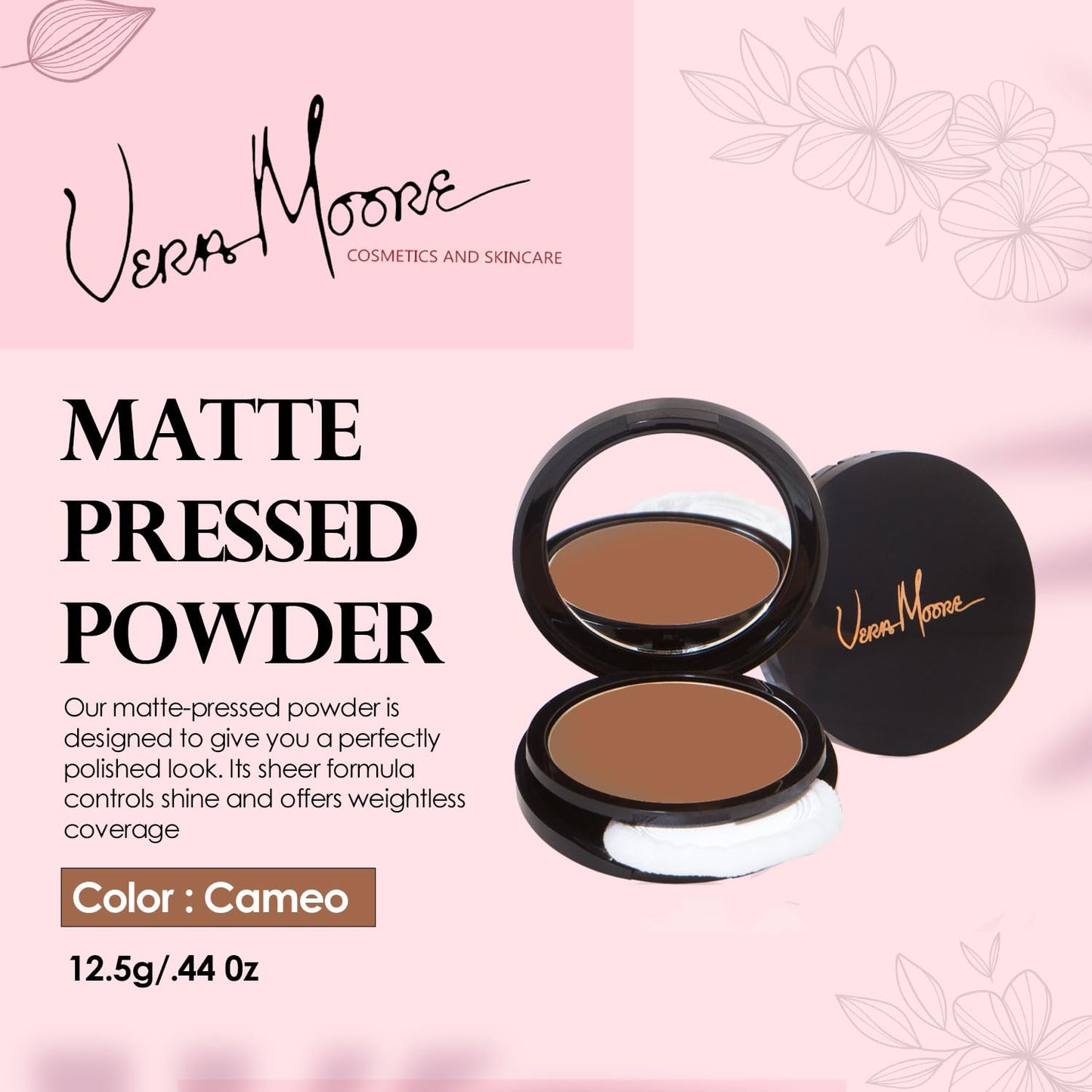 Vera Moore Matte Pressed Powder, Makeup Setting Compact Powder, Face Powder for Full Coverage with Flawless Finish, Shine, Matte Finish for All Skin Types (Cameo, 12.5g)