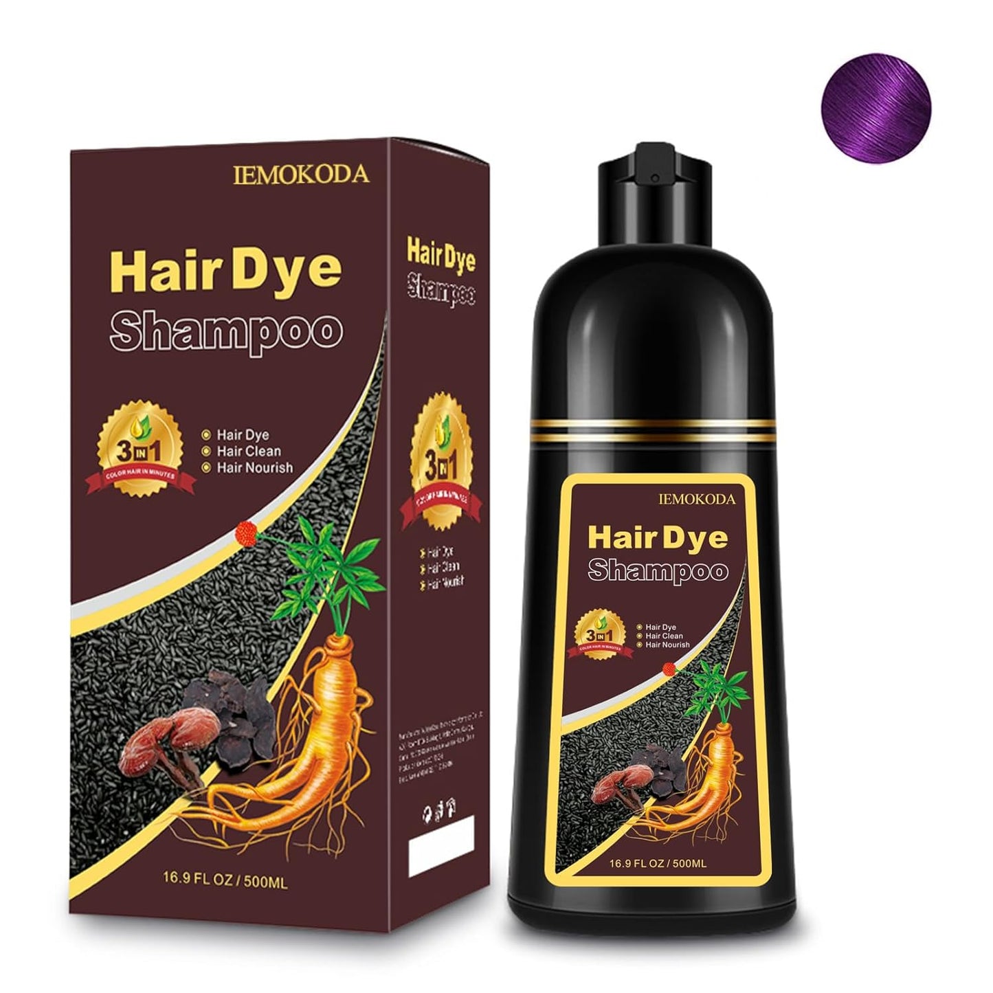 Hair Dye Shampoo 3-in-1, Instant Natural Hair Color Treated Shampoo for Women Men Champu Para Canas Mujer Purple, Lasting 3-4 Weeks & Easy to Use & All Hair Types & Root Touch Up, 500ml