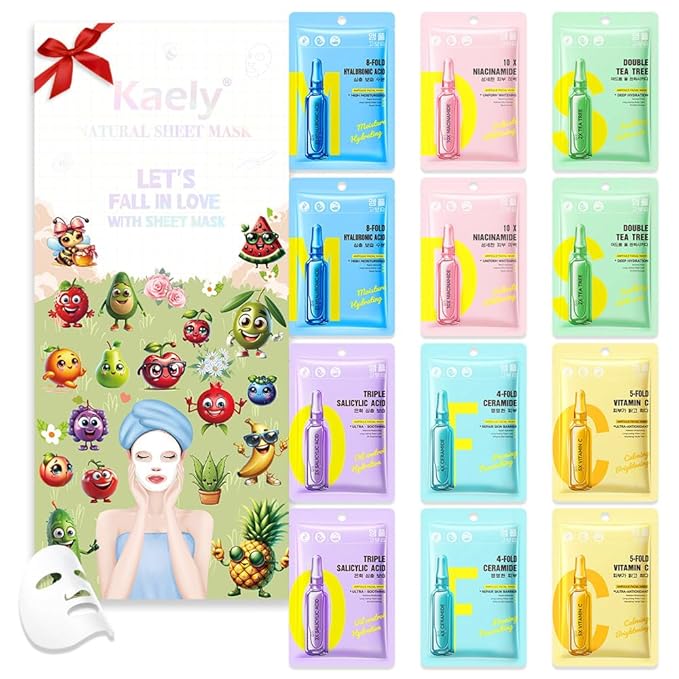 Variety Sheet Face Sheet Mask Skincare,Hydrating Spa Face Mask For Sensitive Skin,Moisturize,Nourish for All Skin Types,Natural Skin Care Spa Face Mask for Women Men Girls,Pack of 12