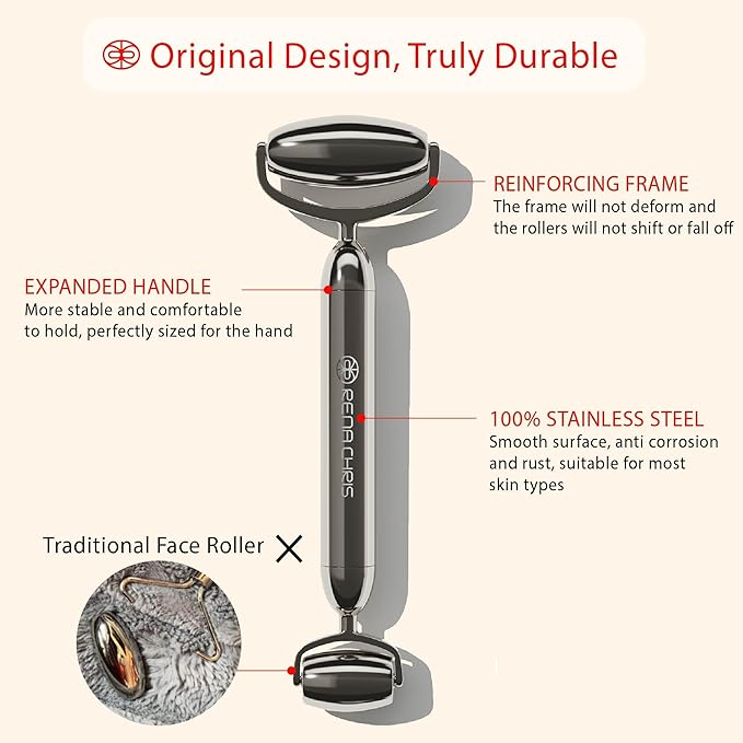 Rena Chris Gua Sha and Face Roller Set: Anti-Breakage Stainless Steel Roller for Long-Lasting Use, Jawline Sculpting and Puffiness Reducing, Gua Sha Facial Tools for Self Care Gift (Silver)